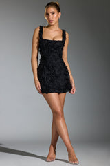 Floral-Appliqué Square-Neck Corset Mini Dress in Black