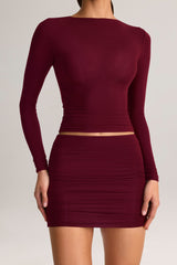 Modal Ruched Mid-Rise Mini Skirt in Wine Red
