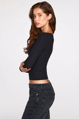Ribbed Modal Ruched Long-Sleeve Top in Black