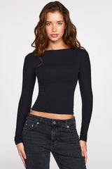 Ribbed Modal Ruched Long-Sleeve Top in Black