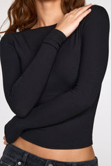 Ribbed Modal Ruched Long-Sleeve Top in Black