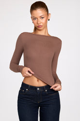 Ribbed Modal Ruched Long-Sleeve Top in Mocha