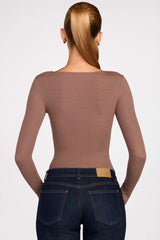 Ribbed Modal Ruched Long-Sleeve Top in Mocha