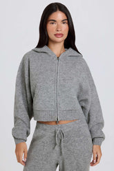 Soft Knit Zip-Up Cropped Hoodie in Grey