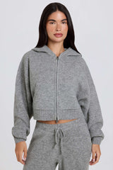 Soft Knit Zip-Up Cropped Hoodie in Grey