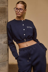 Premium Brushed Jersey Button-Up Cropped Cardigan in Classic Navy