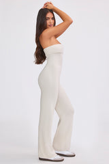 Chunky Knit Bandeau Kick Flare Jumpsuit in Cream