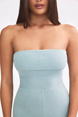 Chunky Knit Bandeau Kick Flare Jumpsuit in Dusty Teal