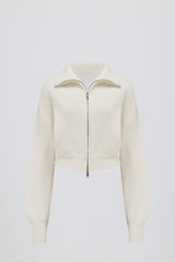 Ribbed Knit Zip-Up Cropped Sweatshirt in Ivory