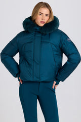 Waterproof Faux-Fur Hood Cropped Ski Jacket in Teal