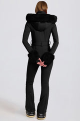 Waterproof Faux-Fur Hood Fitted Ski Suit in Black
