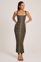 Modal Square-Neck Bodycon Midi Dress in Leopard Print