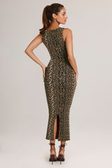 Modal Square-Neck Bodycon Midi Dress in Leopard Print