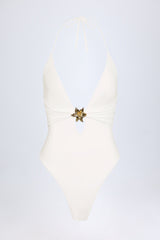 Cut-Out Hardware-Detail Swimsuit in White
