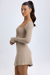 Modal Square-Neck Long-Sleeve Mini Dress in Taupe