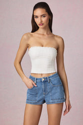 High-Waist A-Line Shorts in Mid-Blue Wash