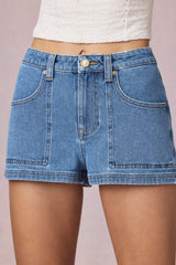 High-Waist A-Line Shorts in Mid-Blue Wash