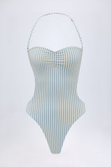 Cut-Out Halterneck Swimsuit in Teal Double Stripe