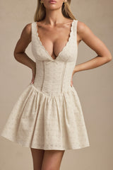 Broderie Anglaise Bow-Detail A-Line Mini Dress in Ivory