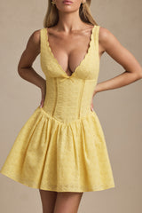 Broderie Anglaise Bow-Detail A-Line Mini Dress in Pastel Yellow