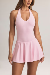 Modal Halterneck A-Line Mini Dress in Pastel Pink