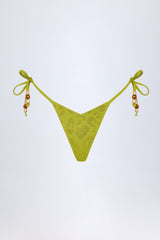 Charm-Detail Thong Bikini Bottoms in Olive Green