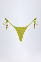 Charm-Detail Thong Bikini Bottoms in Olive Green