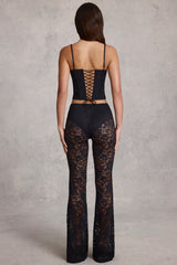Sheer Lace Mid-Rise Flared Trousers in Black