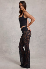 Sheer Lace Mid-Rise Flared Trousers in Black