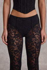 Sheer Lace Mid-Rise Flared Trousers in Black