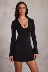 Soft Jersey Scoop-Neck Flared Mini Dress in Black
