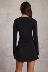 Soft Jersey Scoop-Neck Flared Mini Dress in Black