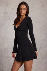 Soft Jersey Scoop-Neck Flared Mini Dress in Black