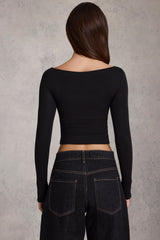 Modal Boat-Neck Long-Sleeve Top in Black