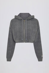 Terry Cotton Zip-Up Cropped Hoodie in Dark Grey