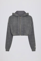 Terry Cotton Zip-Up Cropped Hoodie in Dark Grey