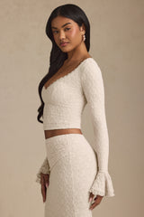 Ruffle Long-Sleeve Lace Top in Ivory