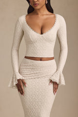 Ruffle Long-Sleeve Lace Top in Ivory