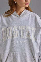 Cotton Fleece Appliqué Oversized Hoodie in Grey Marl