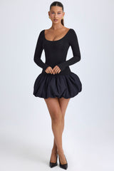 Modal Scoop-Neck Drop-Waist Bubble Hem Mini Dress in Black