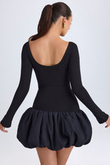 Modal Scoop-Neck Drop-Waist Bubble Hem Mini Dress in Black