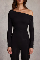 Modal Off-Shoulder Long-Sleeve Jumpsuit in Black