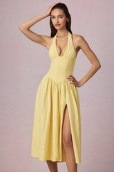 Modal Broderie Anglaise Halterneck Midaxi Dress in Lemon Yellow