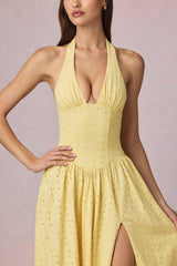 Modal Broderie Anglaise Halterneck Midaxi Dress in Lemon Yellow