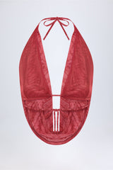 Cowl-Neck Backless Crop Top in Red Print