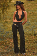 Ruffled Mid-Rise Flared Trousers in Black