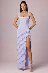 Asymmetric Ruffled Lace-Up Gown in Lilac