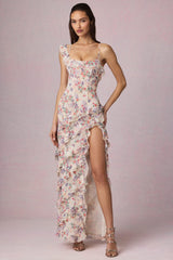 Asymmetric Ruffled Lace-Up Gown in Primrose Floral Print