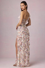 Asymmetric Ruffled Lace-Up Gown in Primrose Floral Print