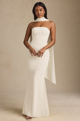 Scarf-Detail Strapless Gown in Ivory